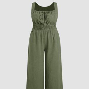 Square Neck Lace Up Ruched Jumpsuit Curve & Plus 0XL Olive Green